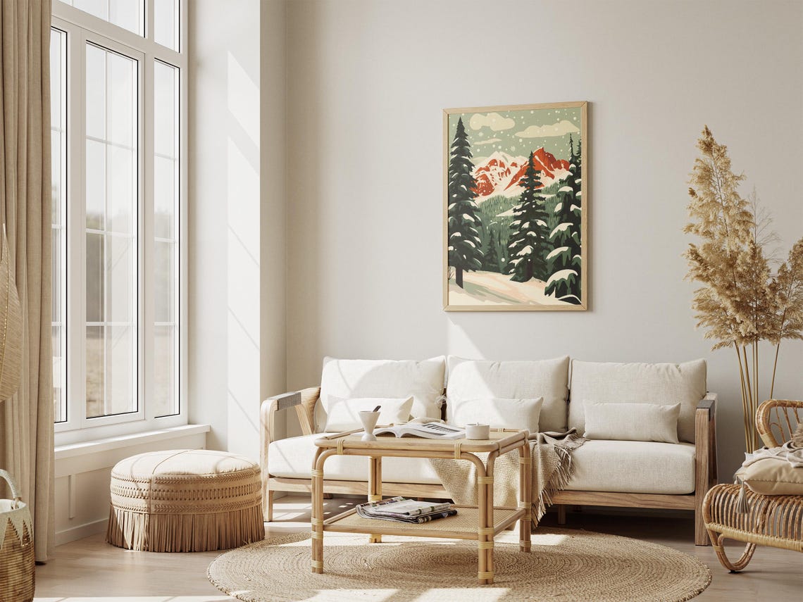 Snowy Pine Forest Framing Red Sunset Peaks Winter Holiday Poster - Image 4