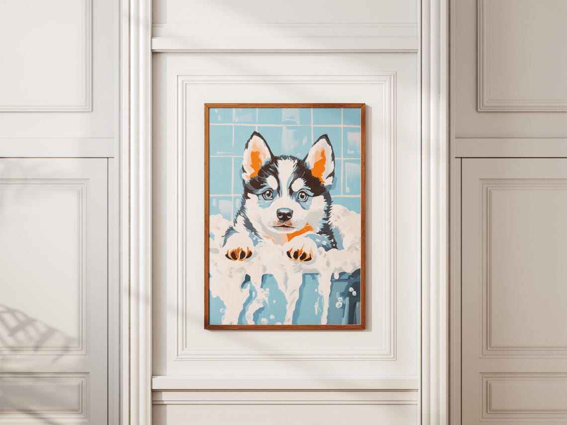 Siberian Husky Puppy Bubble Bath Blue Pop Art Nursery Poster - Image 2
