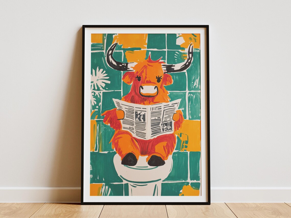 Funny Red Highland Cow Reading Newspaper On Toilet Cow Poster