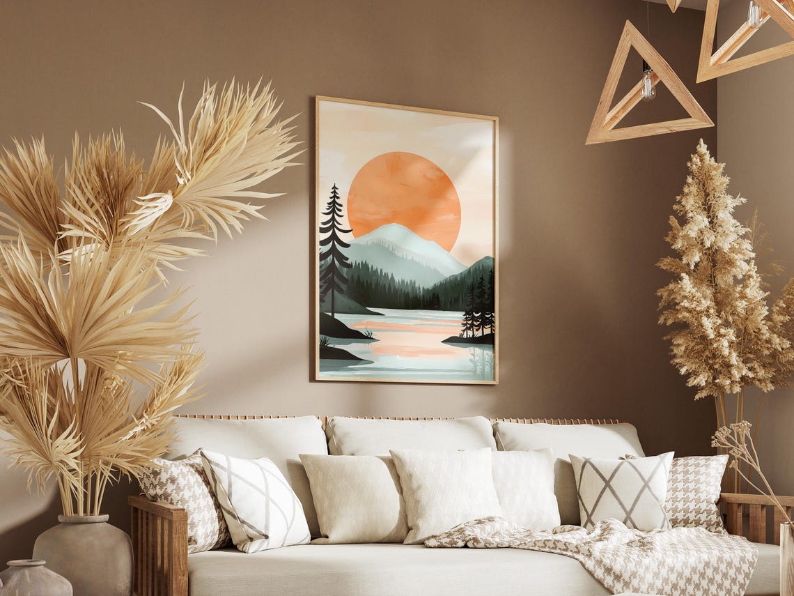 Giant Peach Sun Over Calm Mountain Lake Pines Minimalist Poster - Image 3
