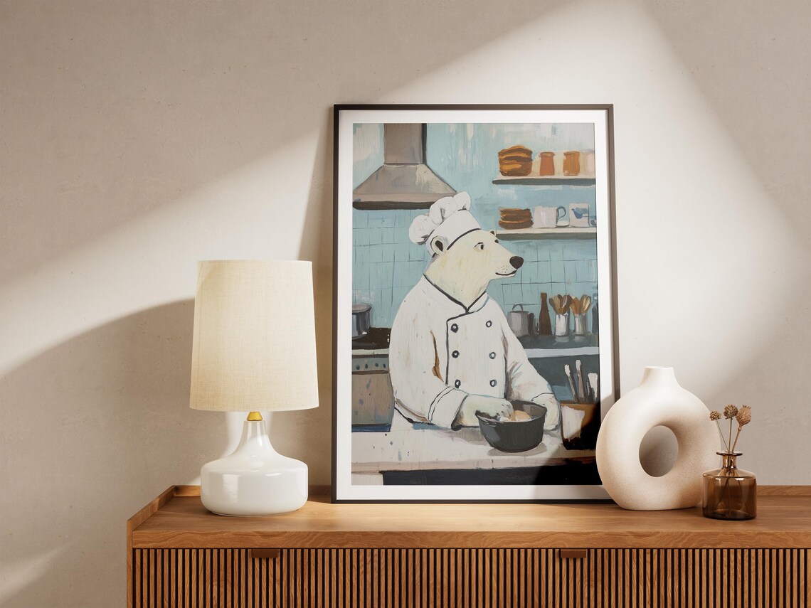 Polar Bear Chef Kitchen Cooking Whimsical Animal Gouache Art Poster - Image 4