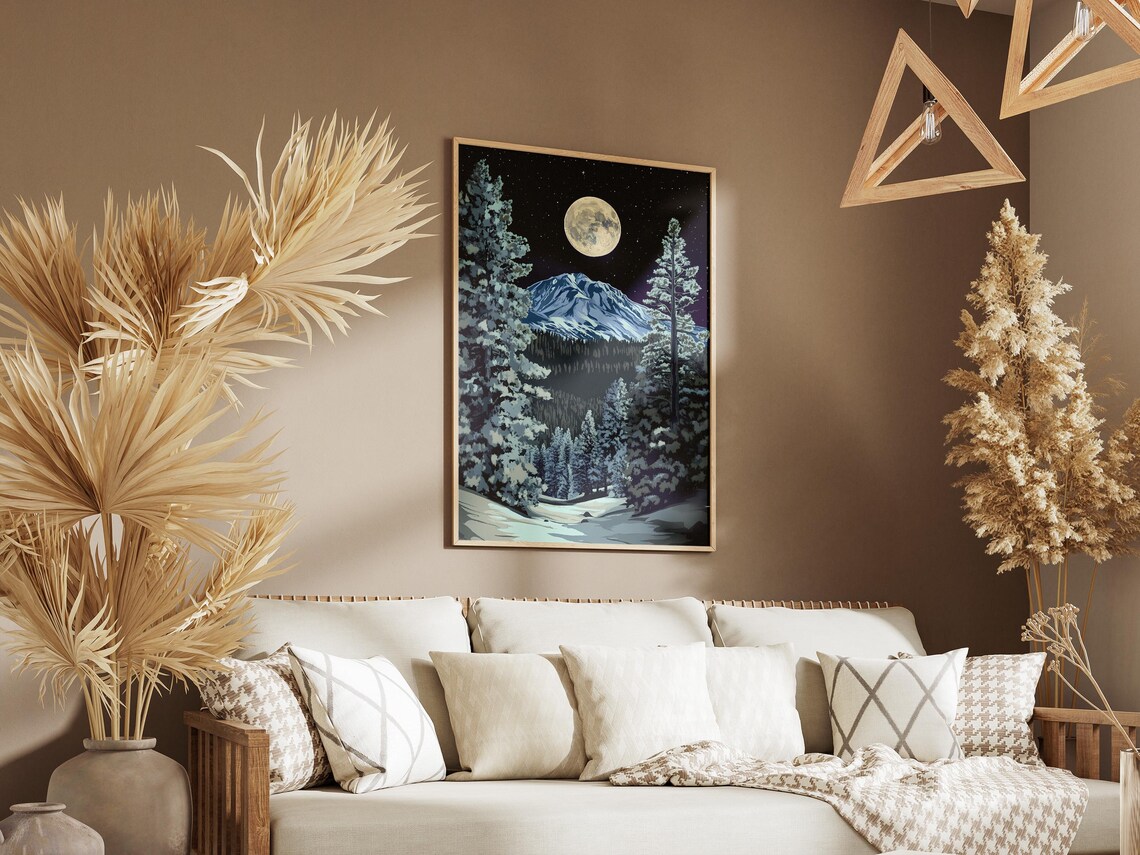Lassen Volcanic National Park Snowy Volcano Peak Moonlit Night Art Poster - Image 3
