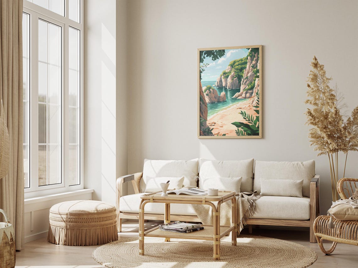 Secluded Tropical Beach Cove Beneath Lush Green Cliffs Poster - Image 4