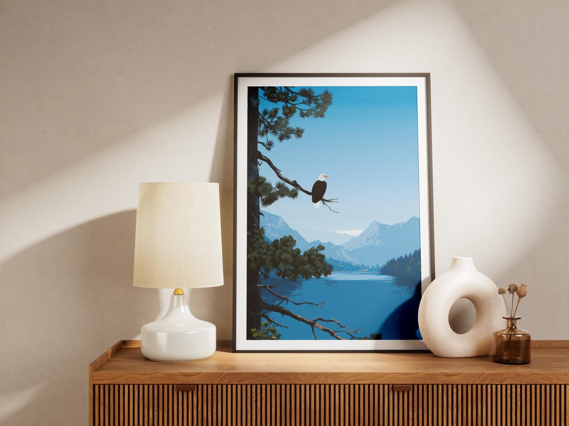 Bald Eagle Perched on Pine Branch Over Blue Mountain Lake Poster - Image 3
