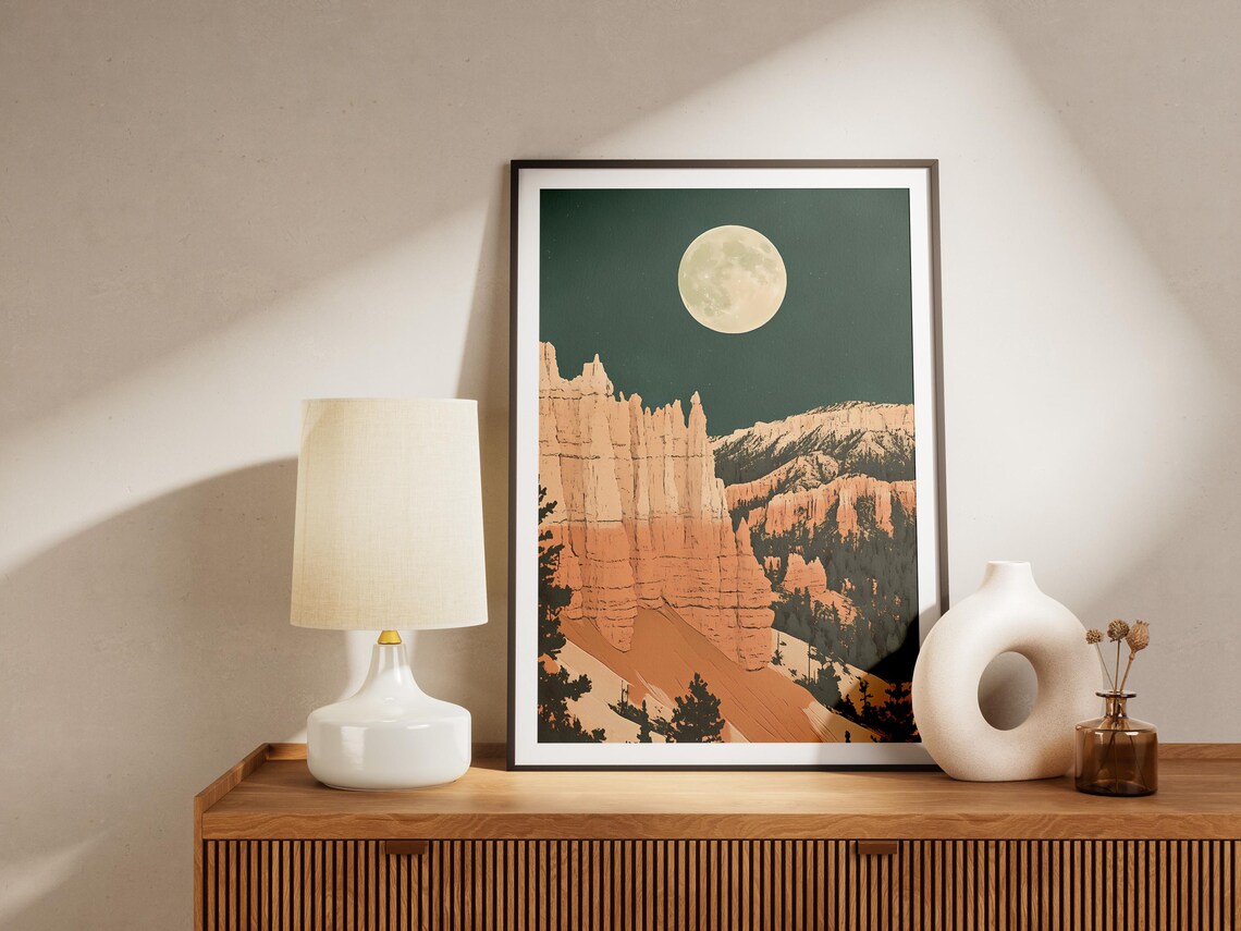 Bryce Canyon Utah Moonlit Hoodoos Red Rock Amphitheater Night Art Poster - Image 4