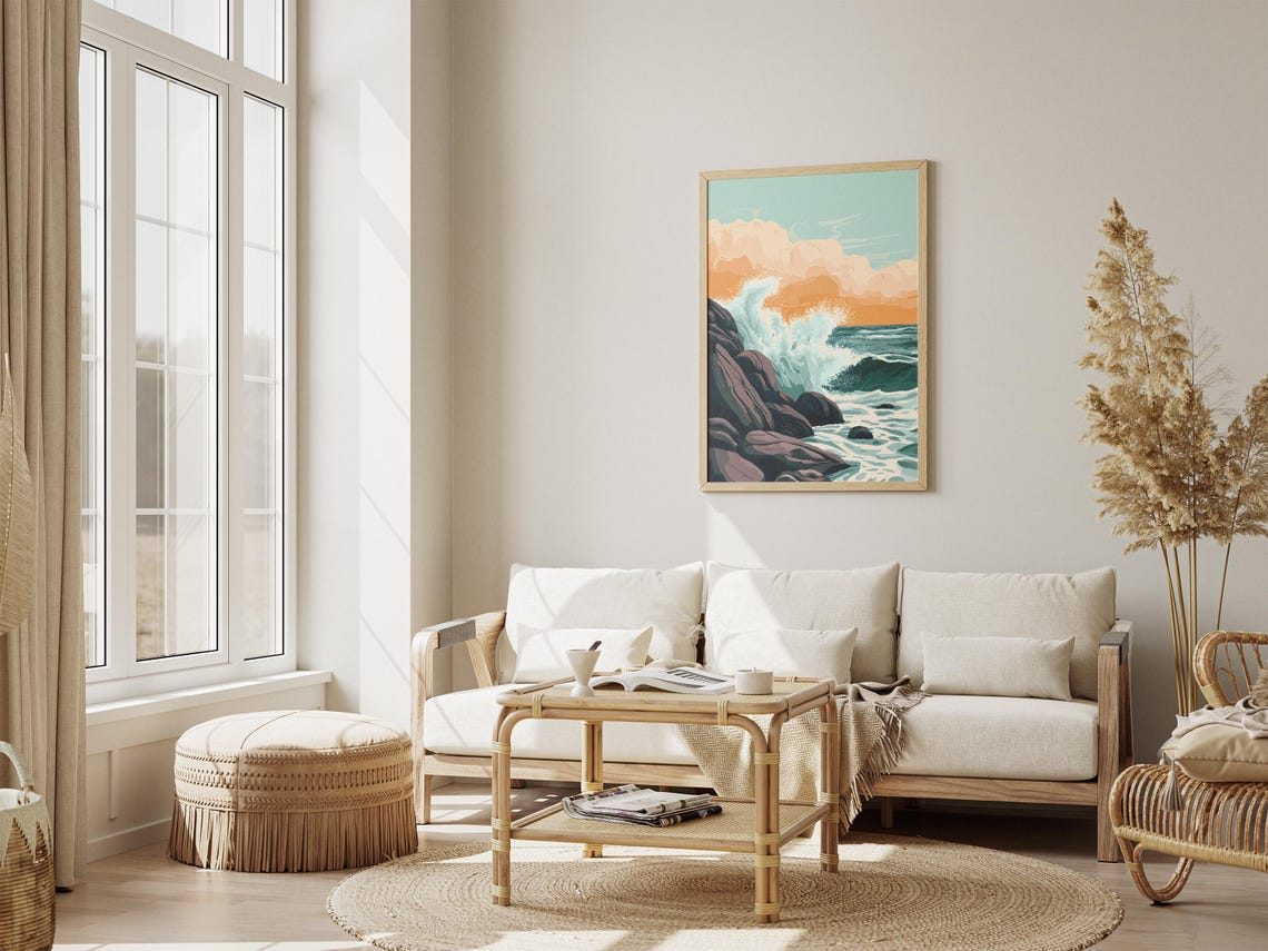 Powerful Wave Crashing on Dark Rocks Under an Orange Sunset Sky Poster - Image 4