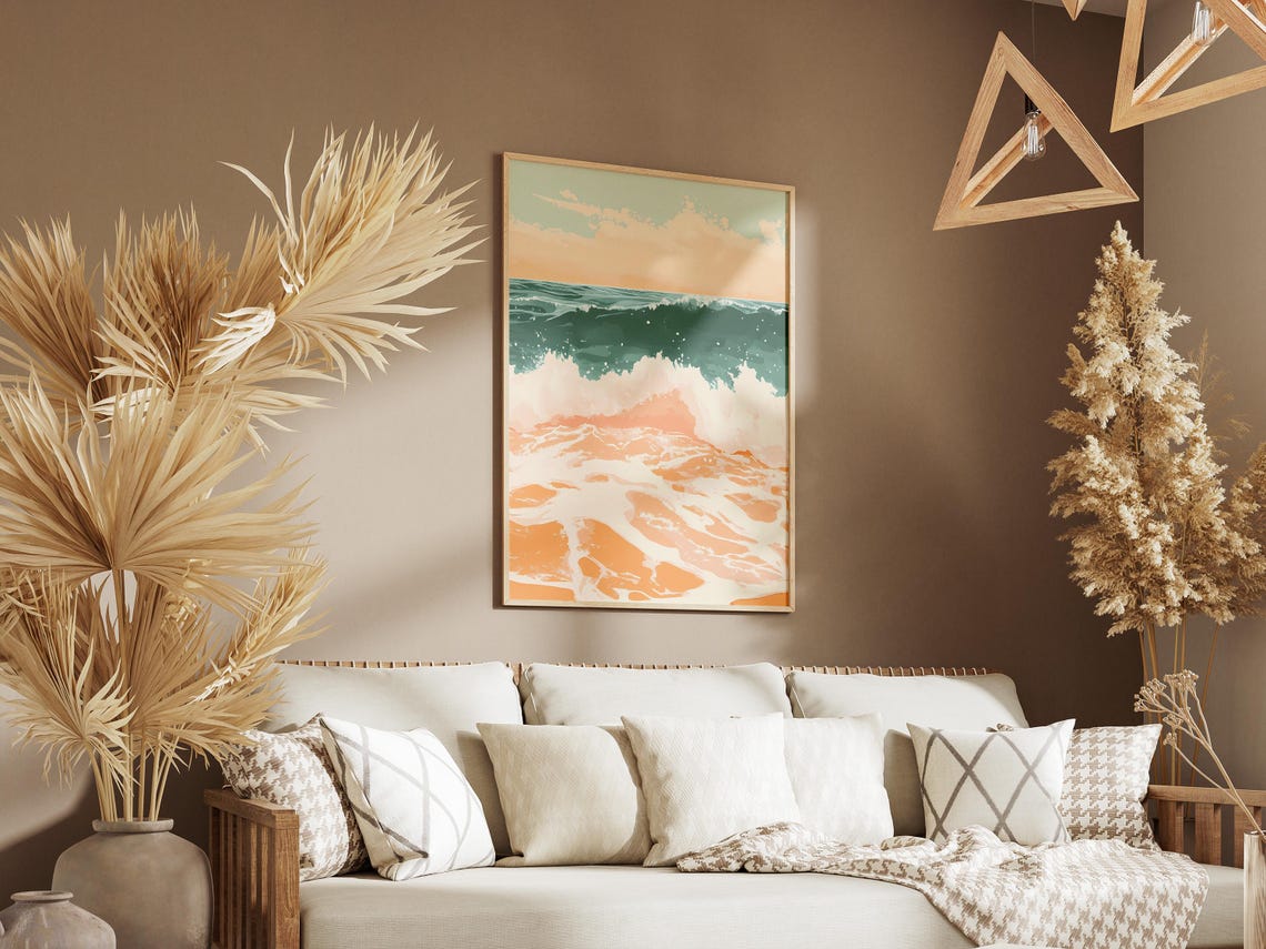 Abstract Teal Ocean Wave With Peach and Cream Seafoam Pattern Poster - Image 3