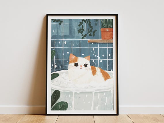 Exotic Shorthair Cat In Bathtub Poster Cute Kitten Wall Art Funny Bathroom Decor Pet Lover Gift Animal Print Home Illustration