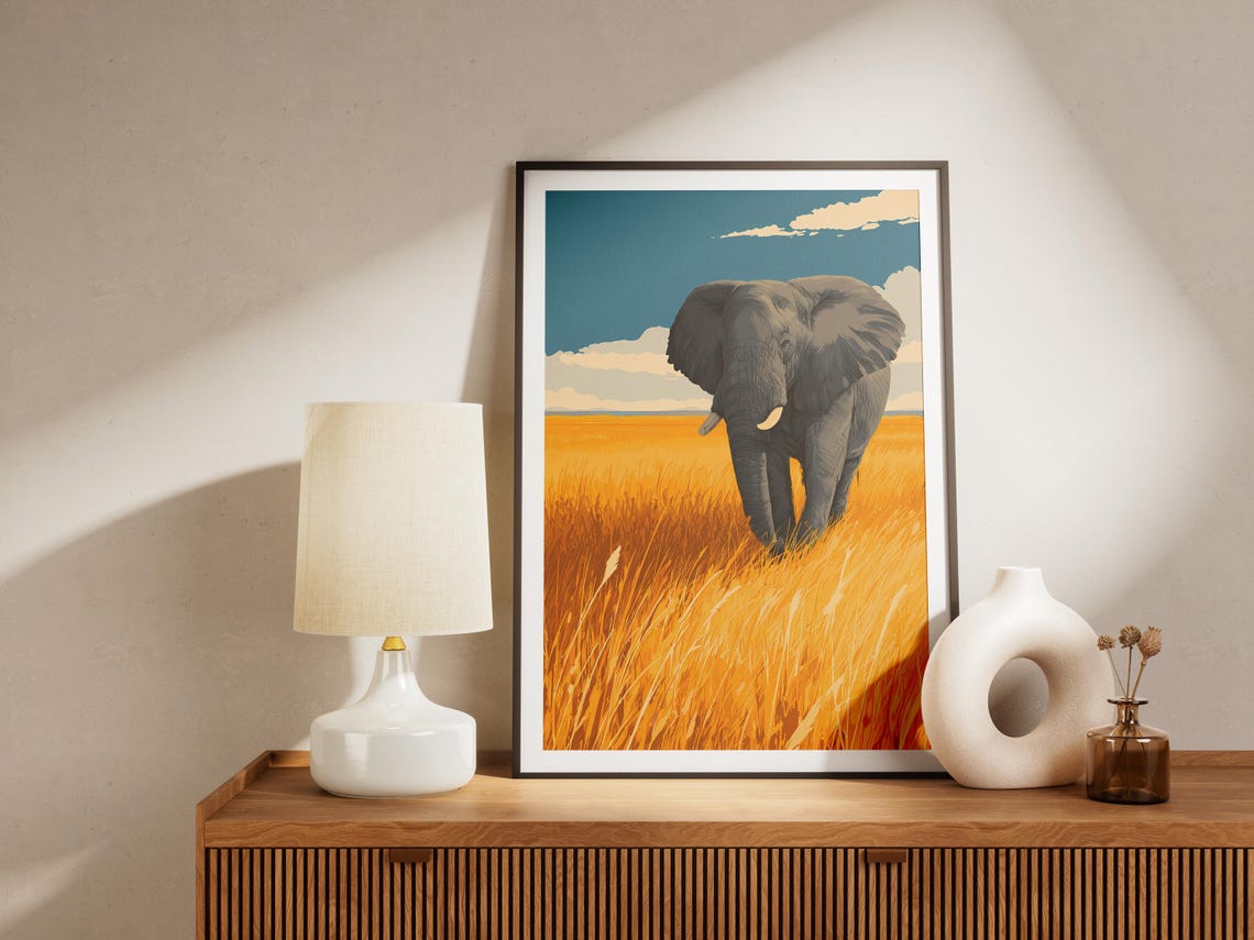 Majestic Elephant in Golden Grasslands Safari Wildlife Art Poster - Image 4