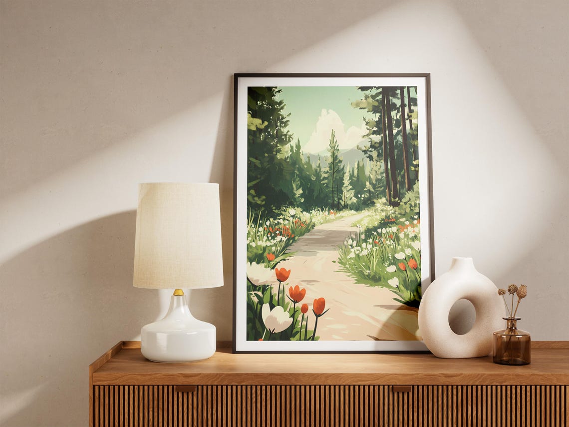 Forest Road Lined With Red Tulips And White Wildflowers Poster - Image 5