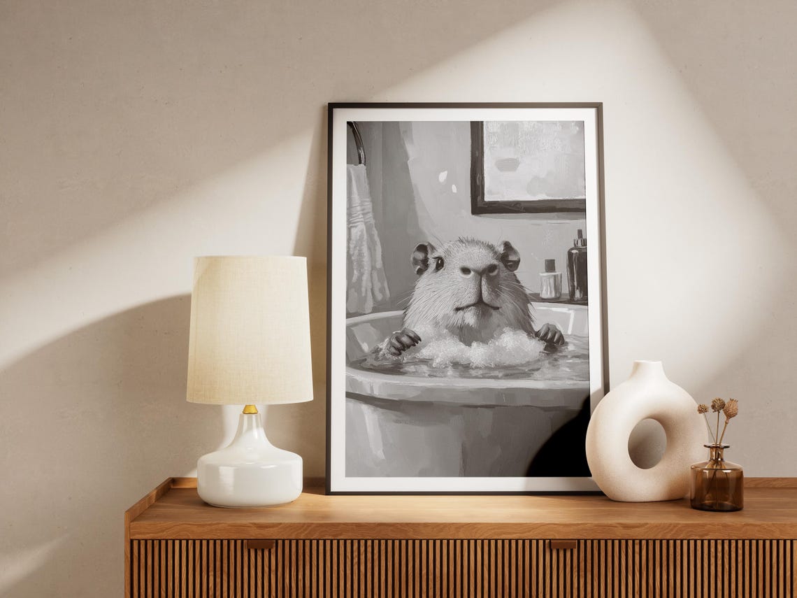 Capybara Bubble Bath In A Bathroom Black And White Art Poster - Image 4