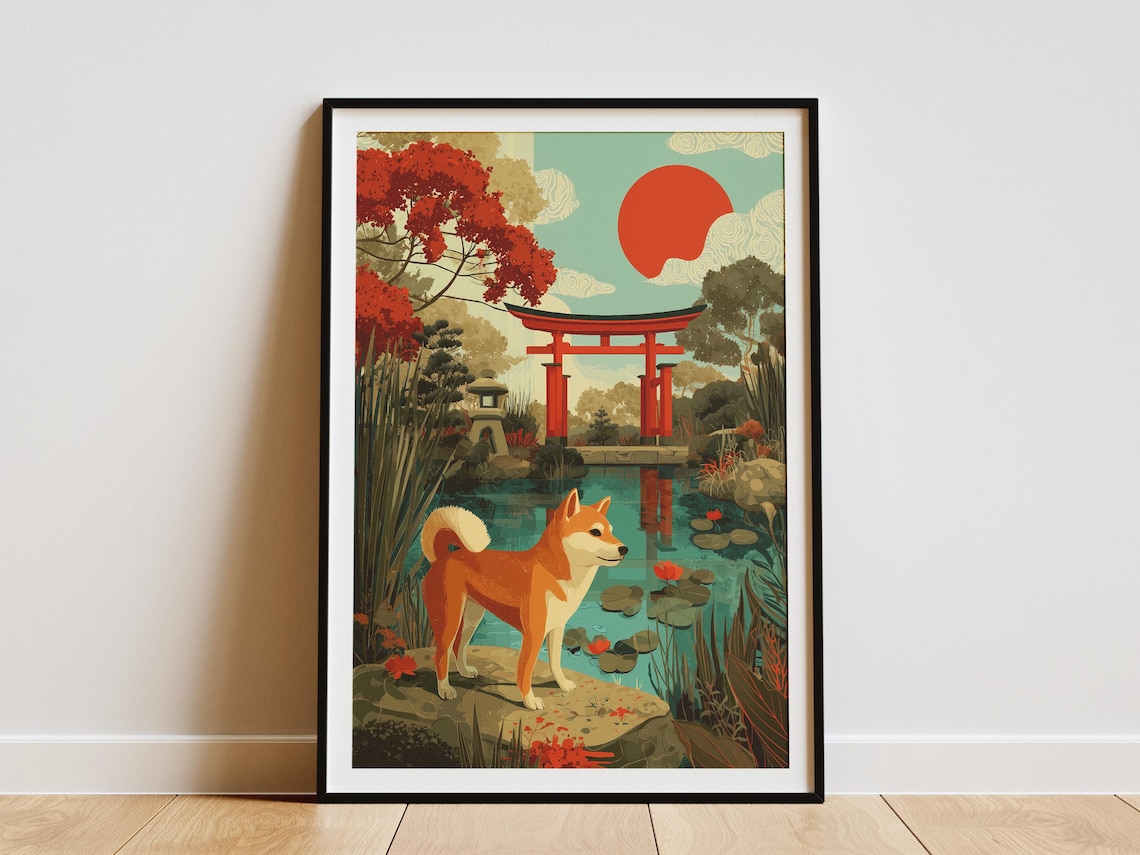 Shiba Inu In Japanese Zen Garden Travel Poster Print Serene Japan Art Asian Landscape Wall Decor Red Torii Gate Dog Lover Gift Minimalist