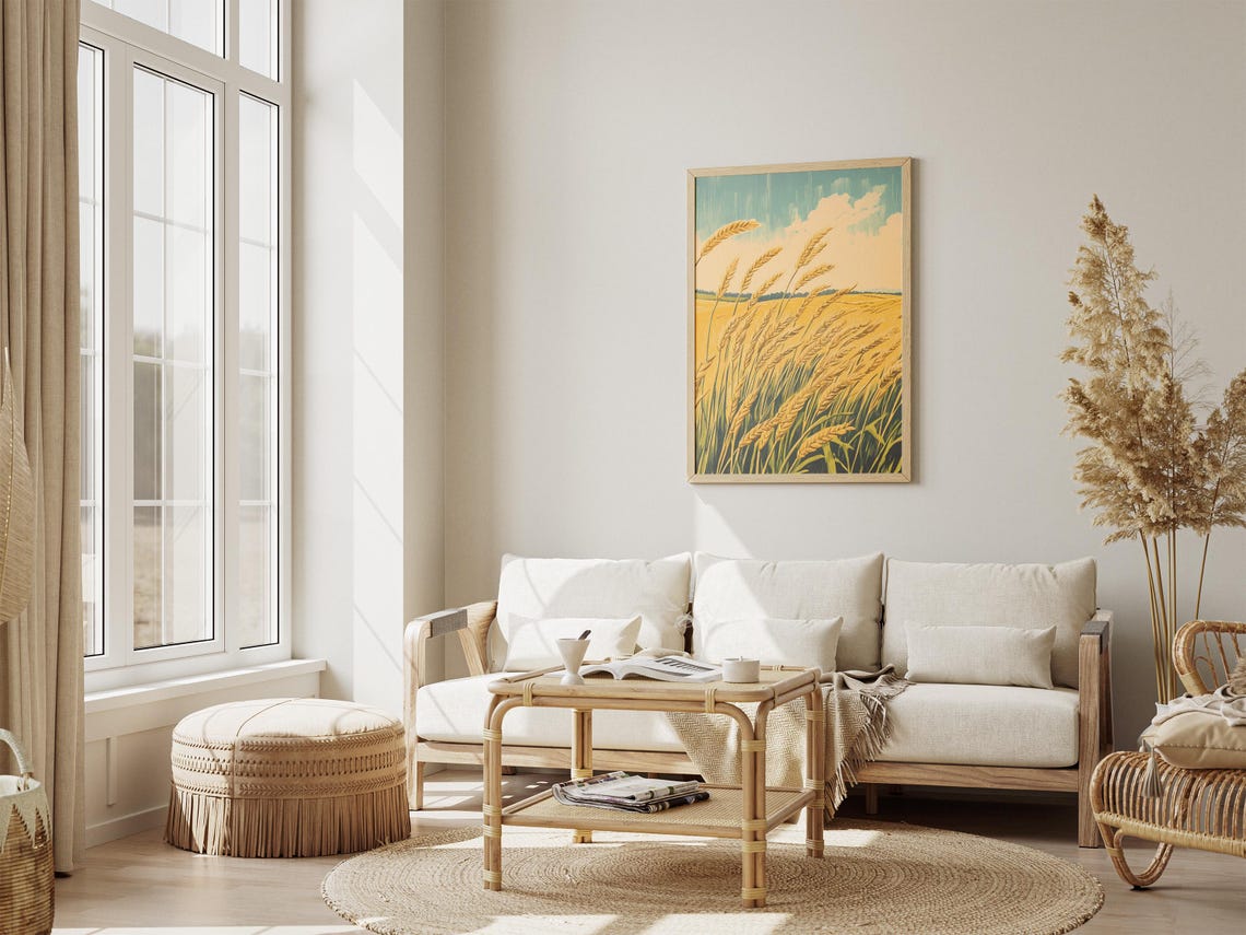 Golden Wheat Stalks Swaying Field Teal Sky Vintage Art Poster - Image 4