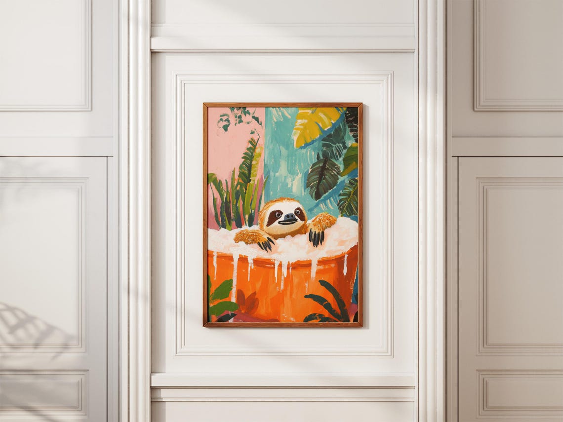 Sloth Bubble Bath Orange Tub Tropical Leaf Bathroom Fun Poster - Image 2