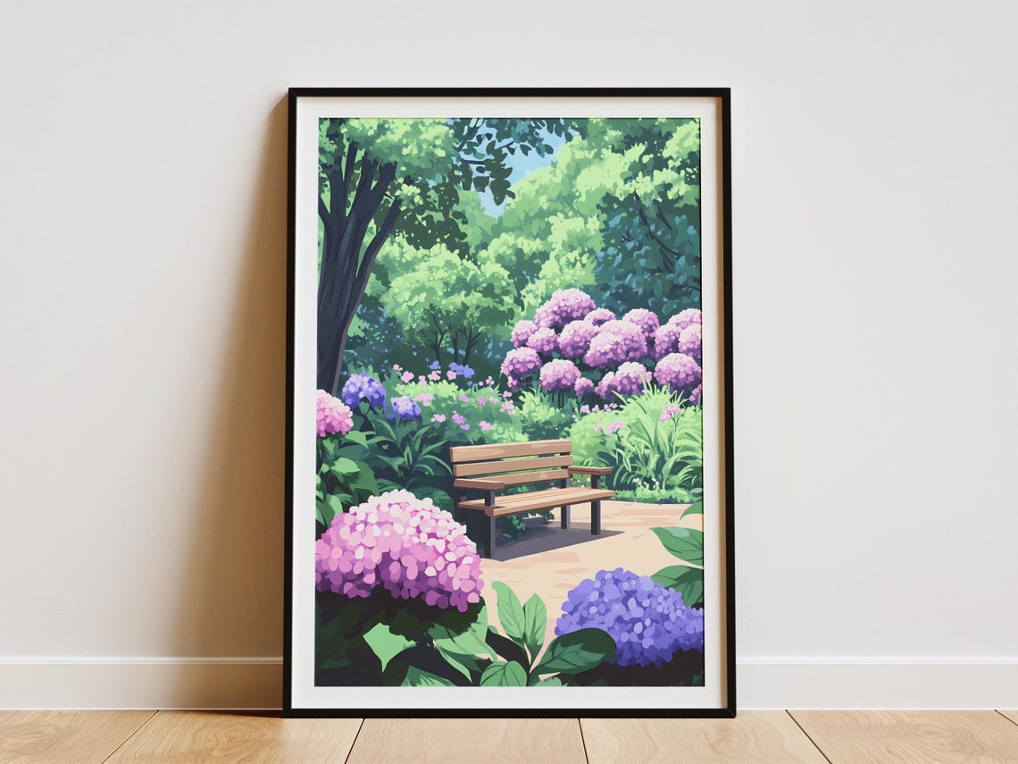 Hydrangea Park Bench Peaceful Summer Garden Retreat Art Poster