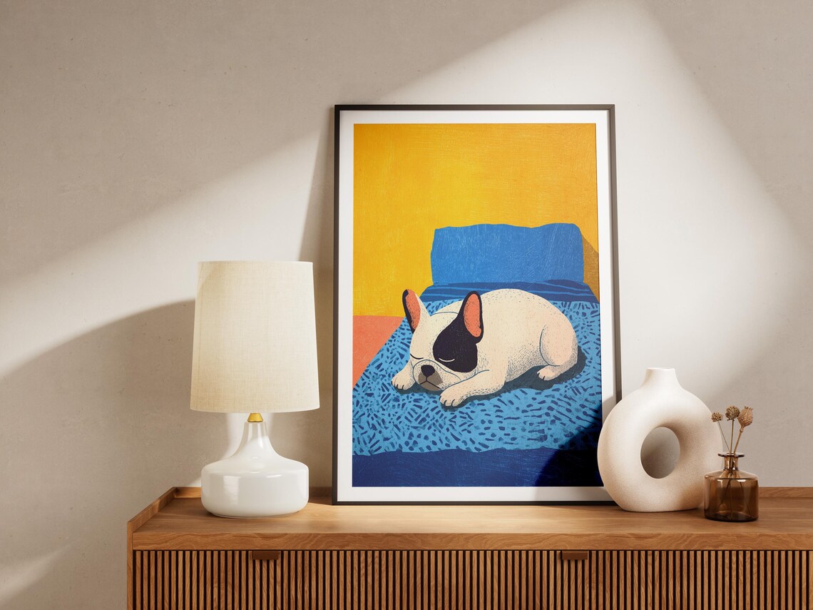 French Bulldog Sleeping Matisse Style Yellow Blue Modern Art Poster - Image 4