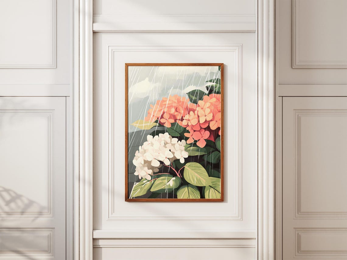 White and Peach Hydrangea Blooms in Slanting Rain Art Poster - Image 2