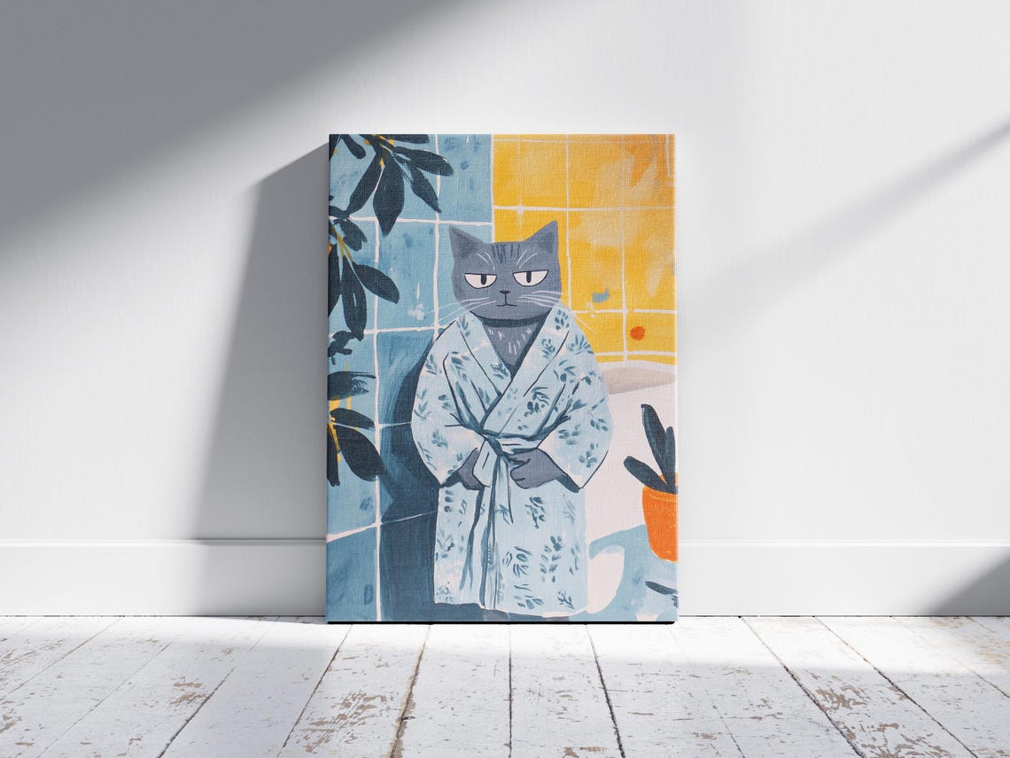 Grumpy Gray Cat in Floral Bathrobe Funny Bathroom Pet Art Poster - Image 2