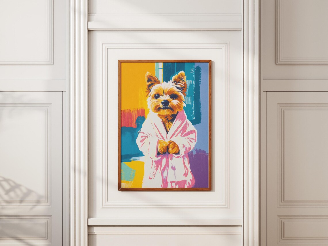 Cute Yorkie in Pink Robe Colorful Pop Art Dog Portrait Poster - Image 2