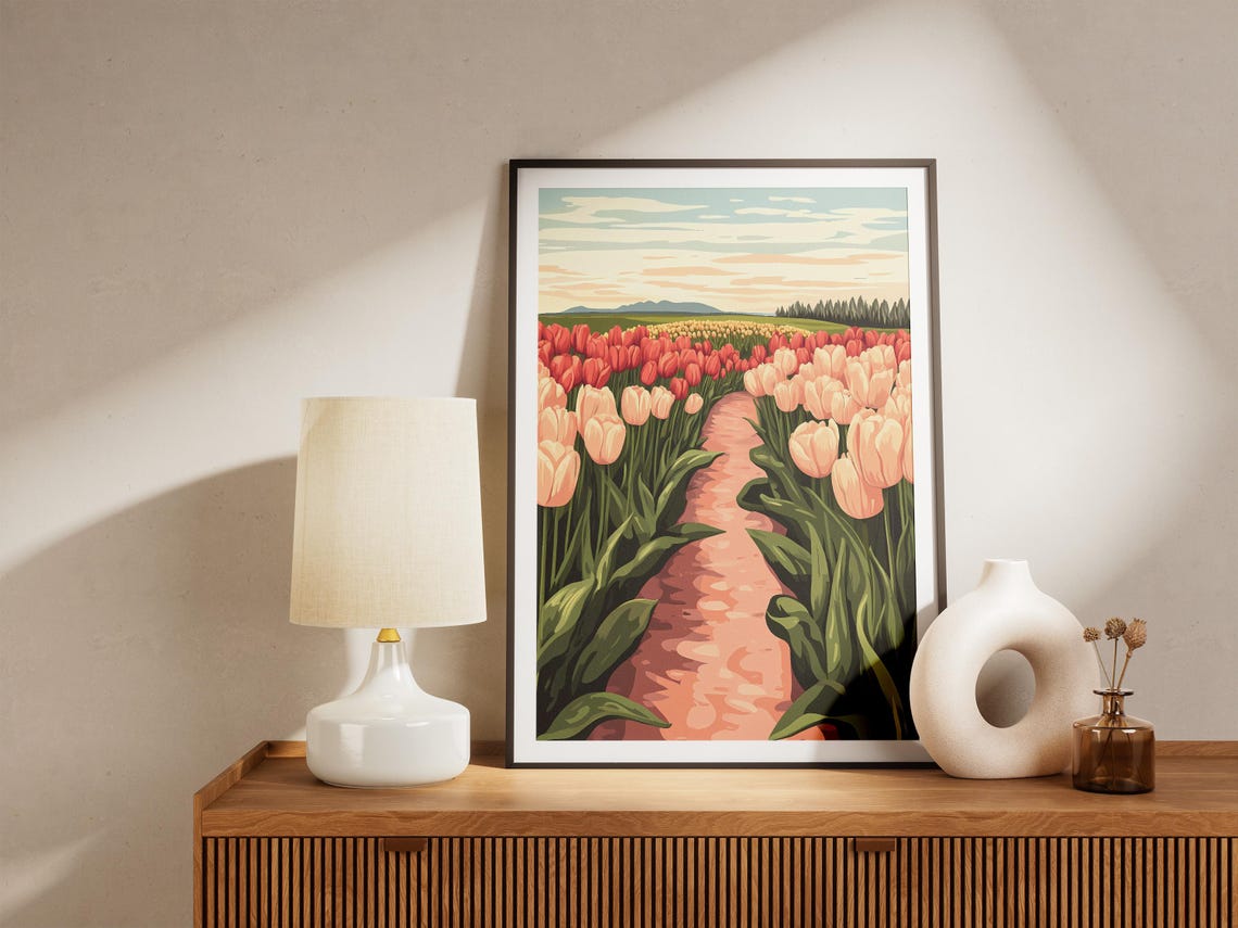 Red Blush Tulip Field Path With Distant Mountains Spring Art Poster - Image 5