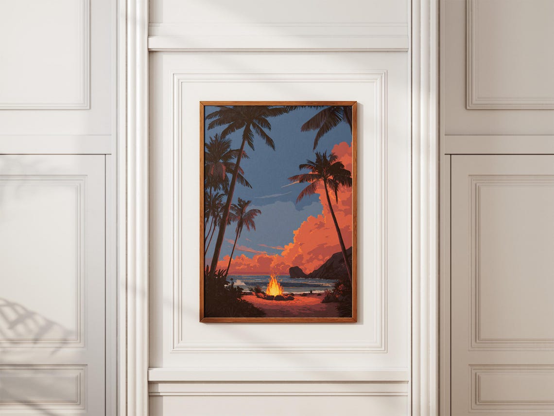 Cozy Beach Bonfire Sunset Palm Silhouettes Tropical Night Poster - Image 2