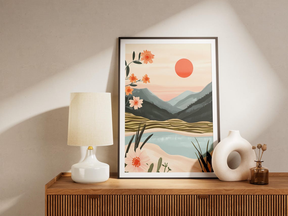 Red Sun Rice Terraces Boho Floral Mountain Blossom Landscape Poster - Image 5