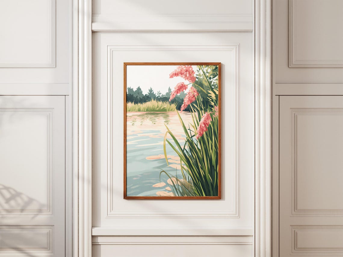 Pink Pampas Grass Swaying Beside a Tranquil Blue Lake Poster - Image 2