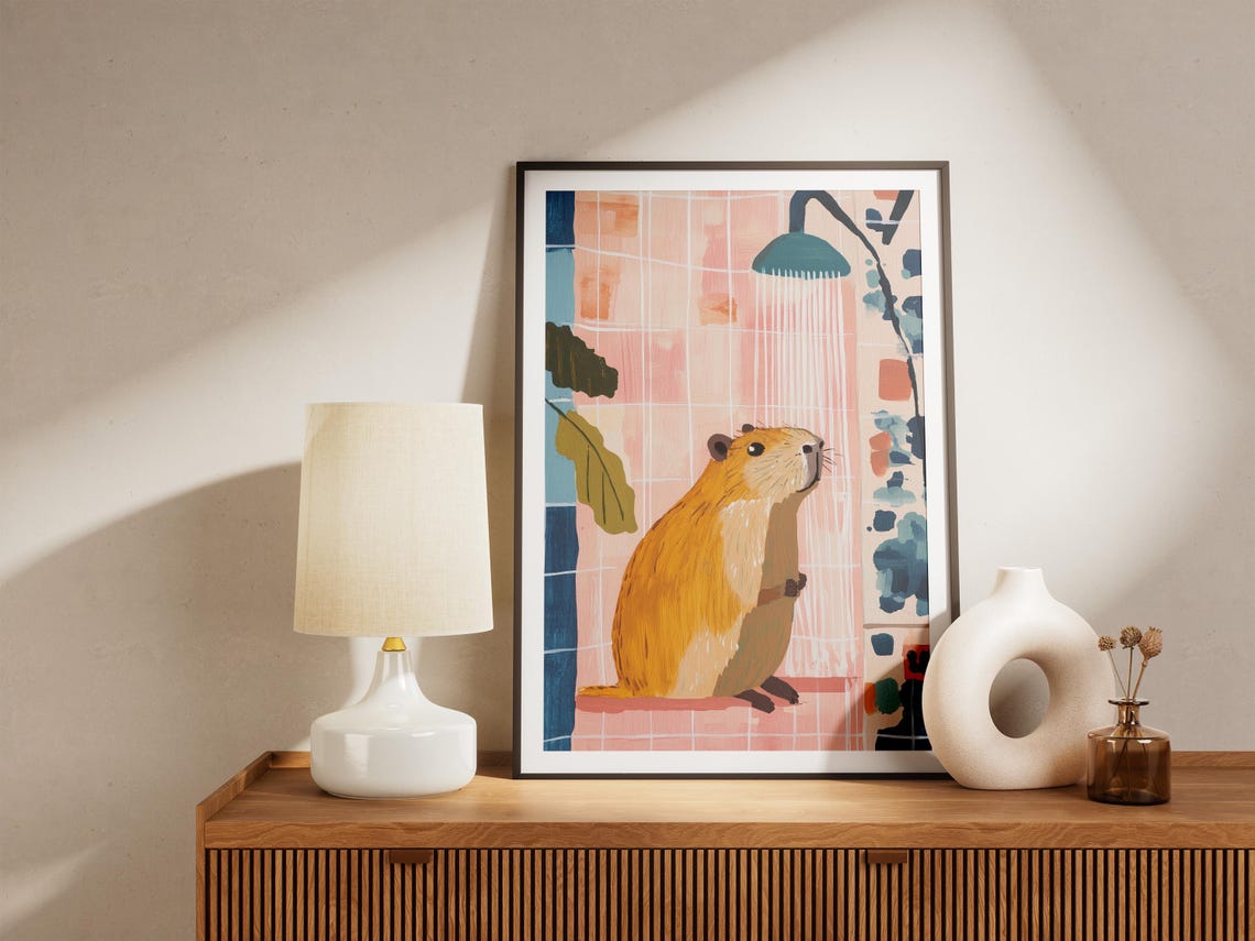 Blissful Capybara Enjoying a Warm Shower in a Tiled Bathroom Poster - Image 5