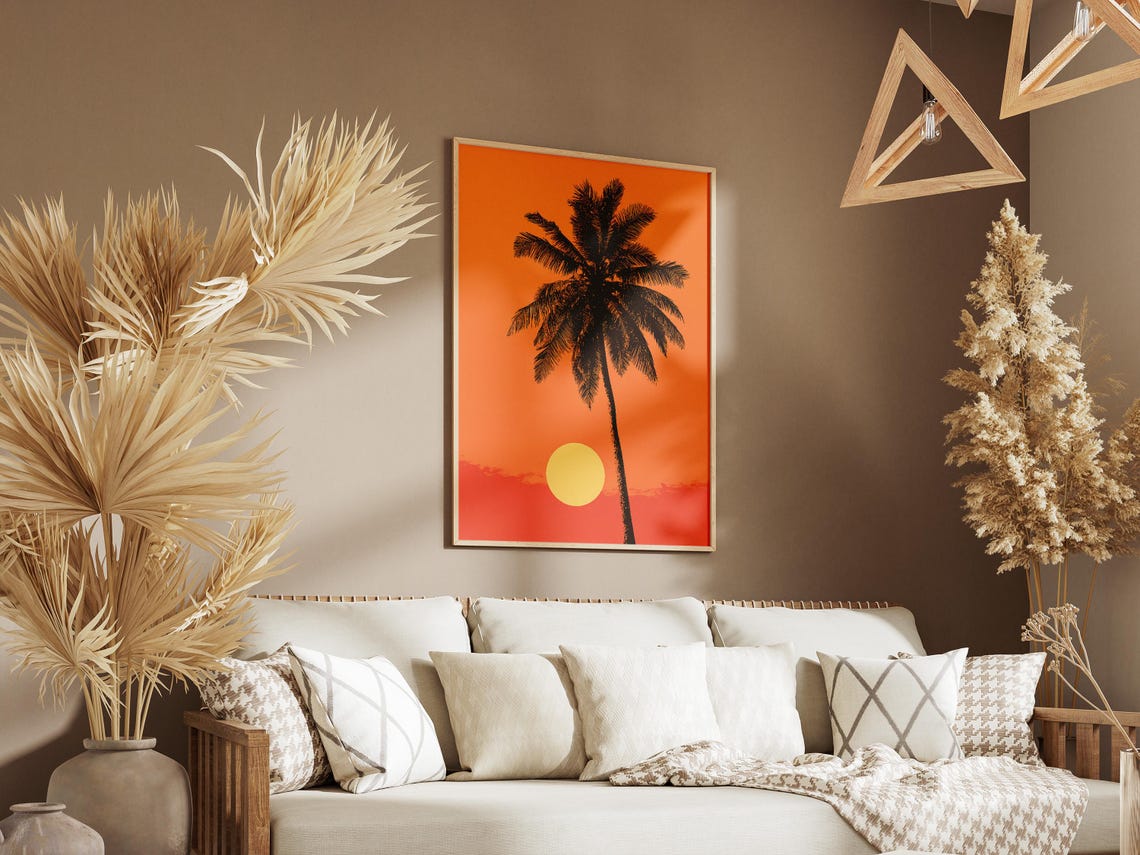 Palm Tree Silhouette Sunset Orange Minimalist Graphic Art Poster - Image 3