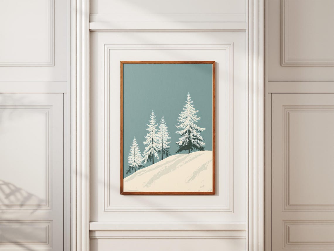 Minimalist Snowy White Pine Trees on Teal Winter Landscape Poster - Image 2