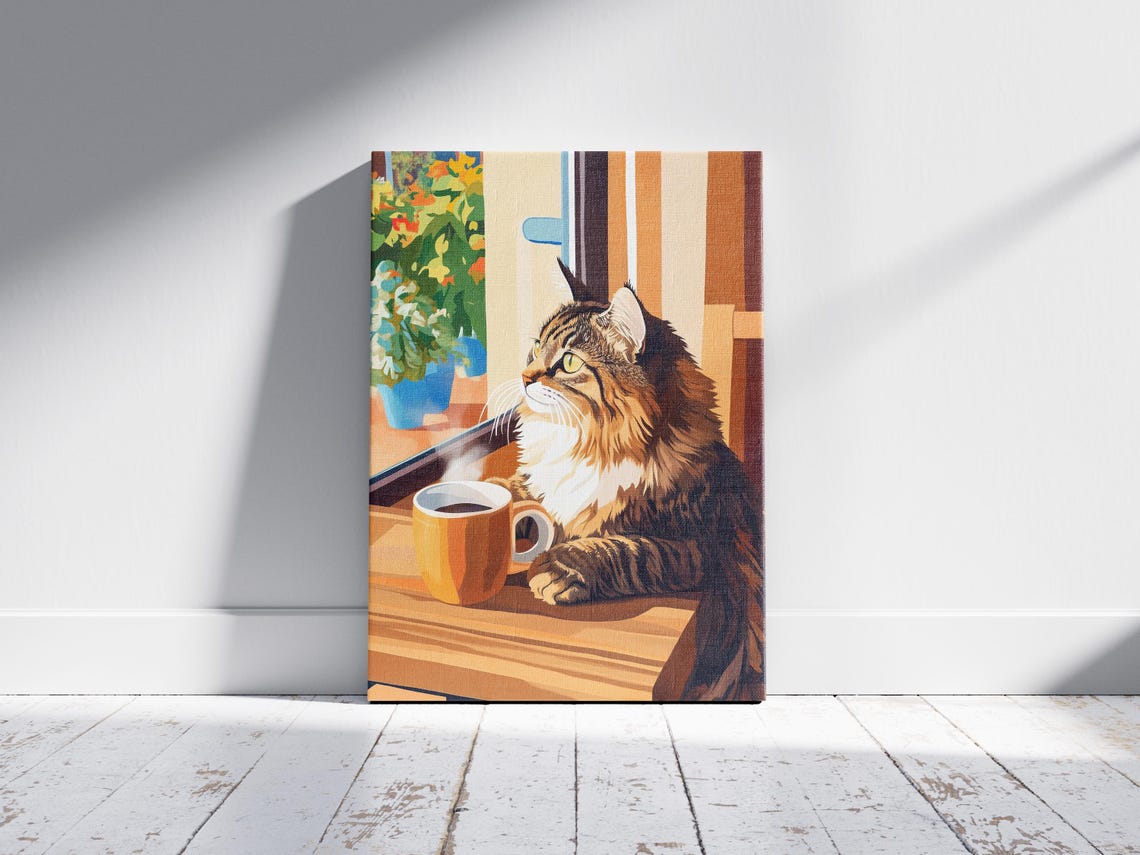Fluffy Long Haired Tabby Cat with a Yellow Mug by the Window Poster - Image 2