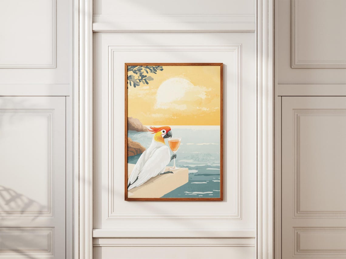 Cockatoo With a Glass of Wine at Sunset Over the Ocean Poster - Image 2