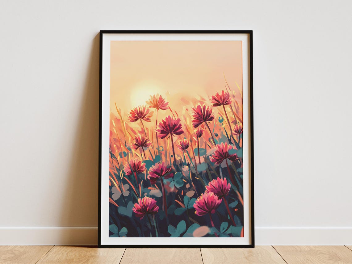 Glowing Red Clover Fiery Sunset Field Bold Dramatic Flower Poster