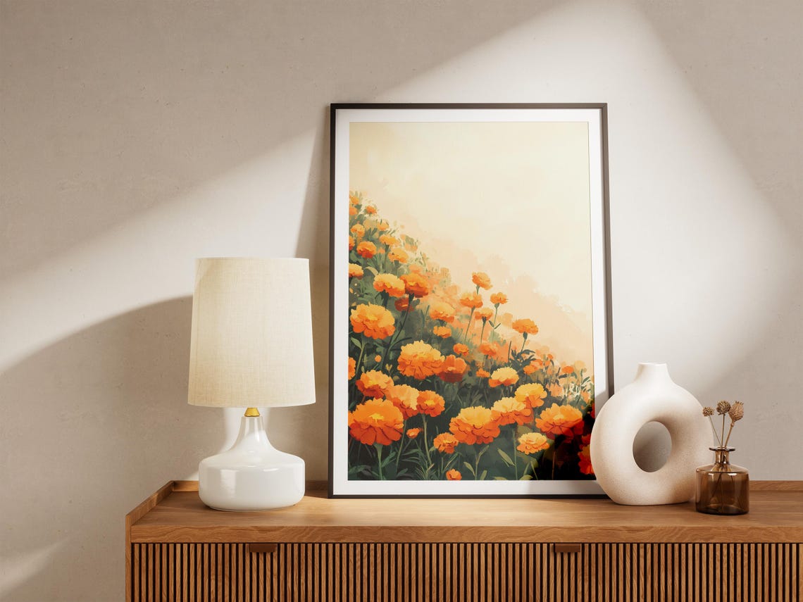 Dense Orange Marigold Meadow Poster Under a Soft Peach Sunset Sky - Image 5