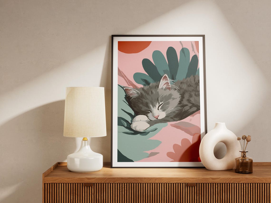 Sleeping Norwegian Forest Kitten Abstract Colorful Cat Art Poster - Image 4