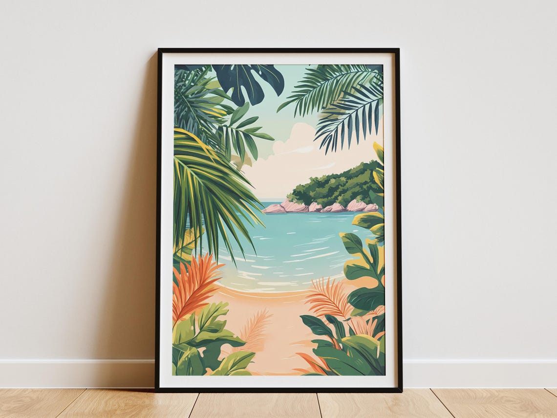 Tropical Beach Cove Framed by Palm Leaves Illustration Poster