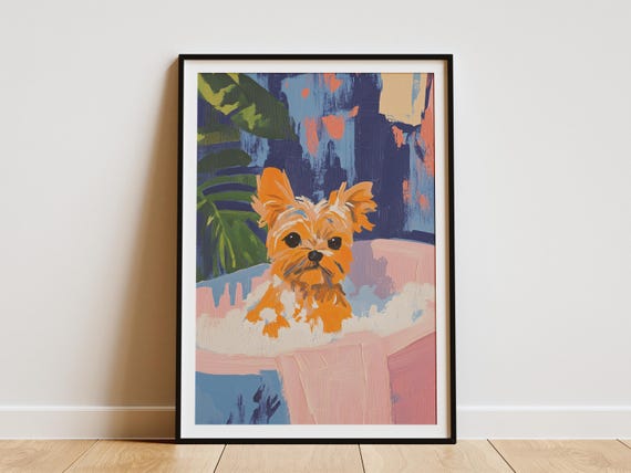 Yorkshire Terrier Puppy Dog In Bathtub Poster Pet Portrait Cute Animal Wall Art Nursery Decor Lover Gift Modern Print