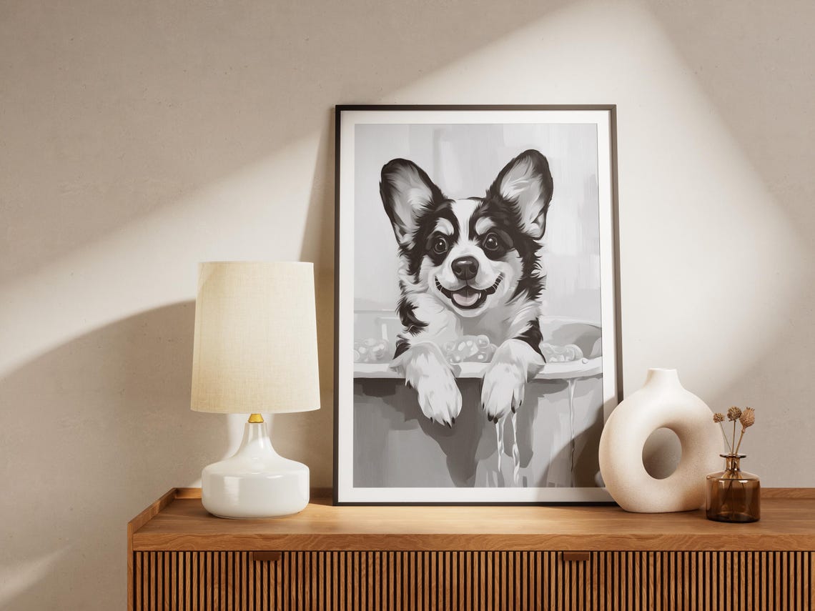 Smiling Corgi Puppy In A Bubble Bath Black And White Art Poster - Image 4