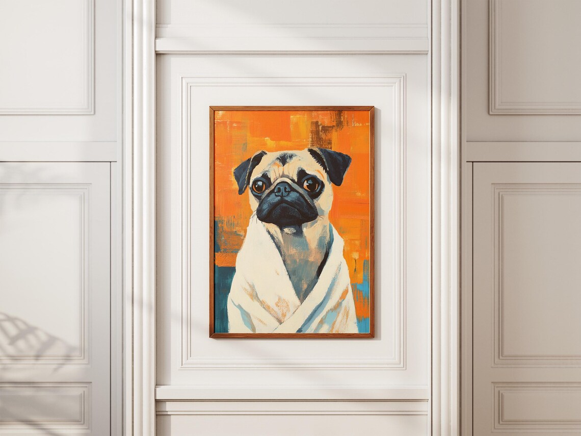 Big Eyed Pug Wrapped in White Towel Bold Orange Pop Art Dog Poster - Image 2