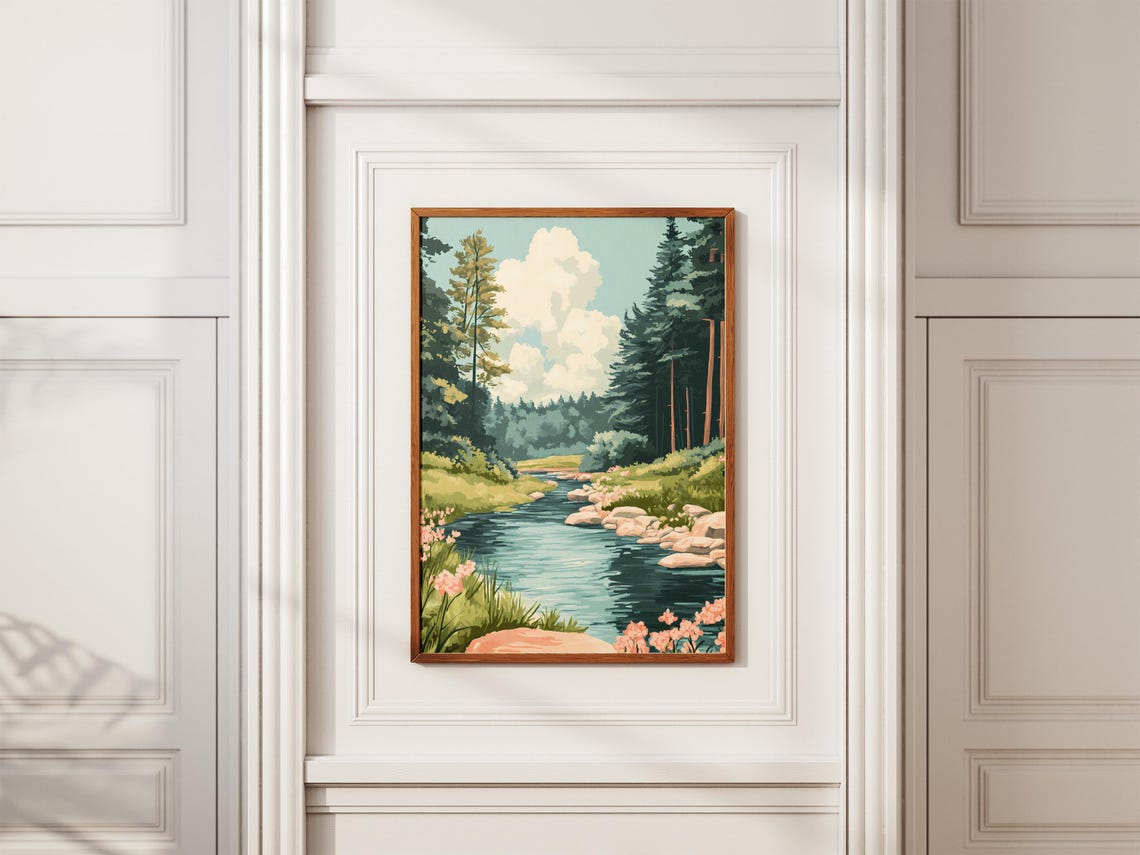 Wildflower-Lined Forest River Flowing Beneath Pine Trees Poster - Image 2