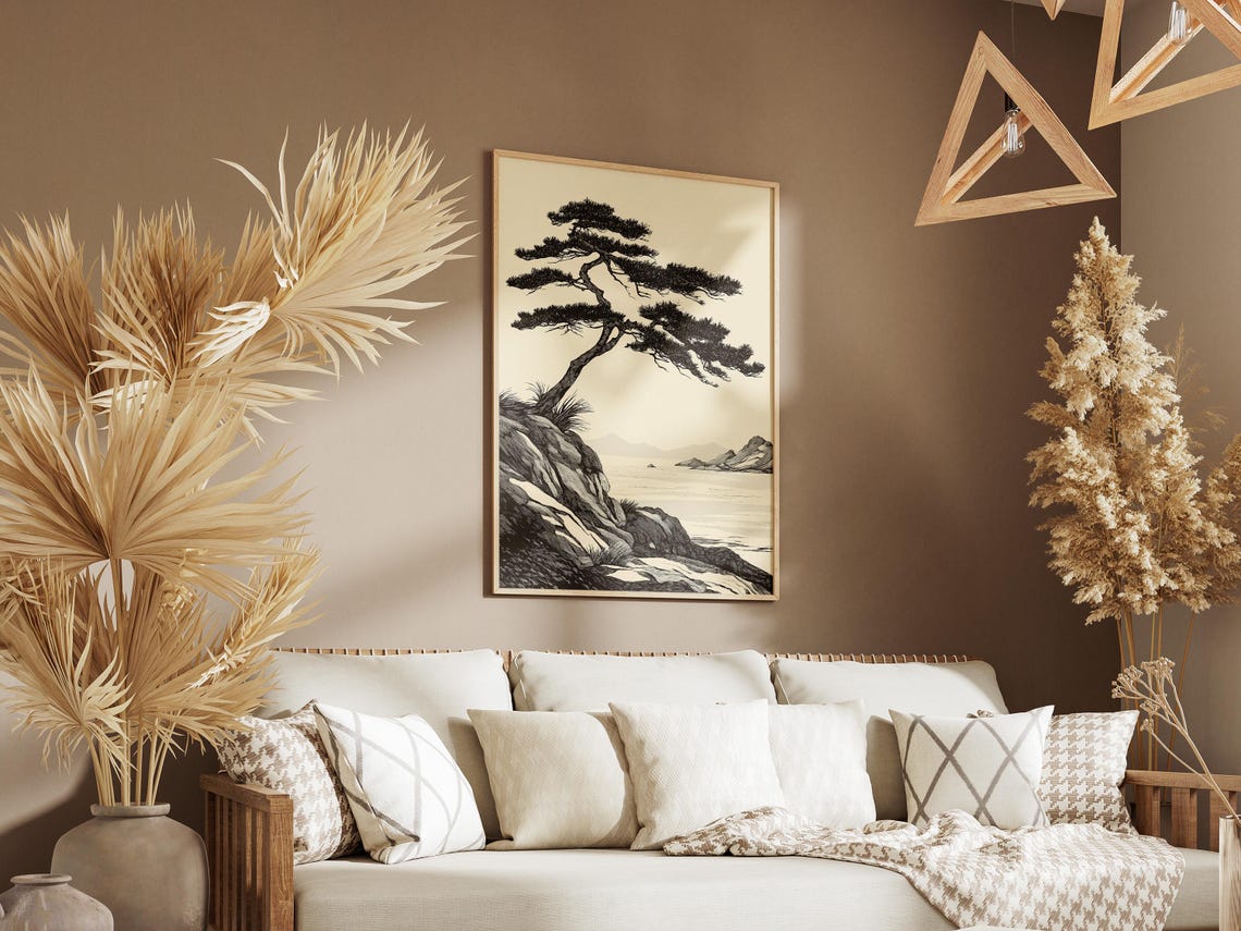 Japanese Coastal Pine Tree Cliff Ink Seascape Illustration Poster - Image 3