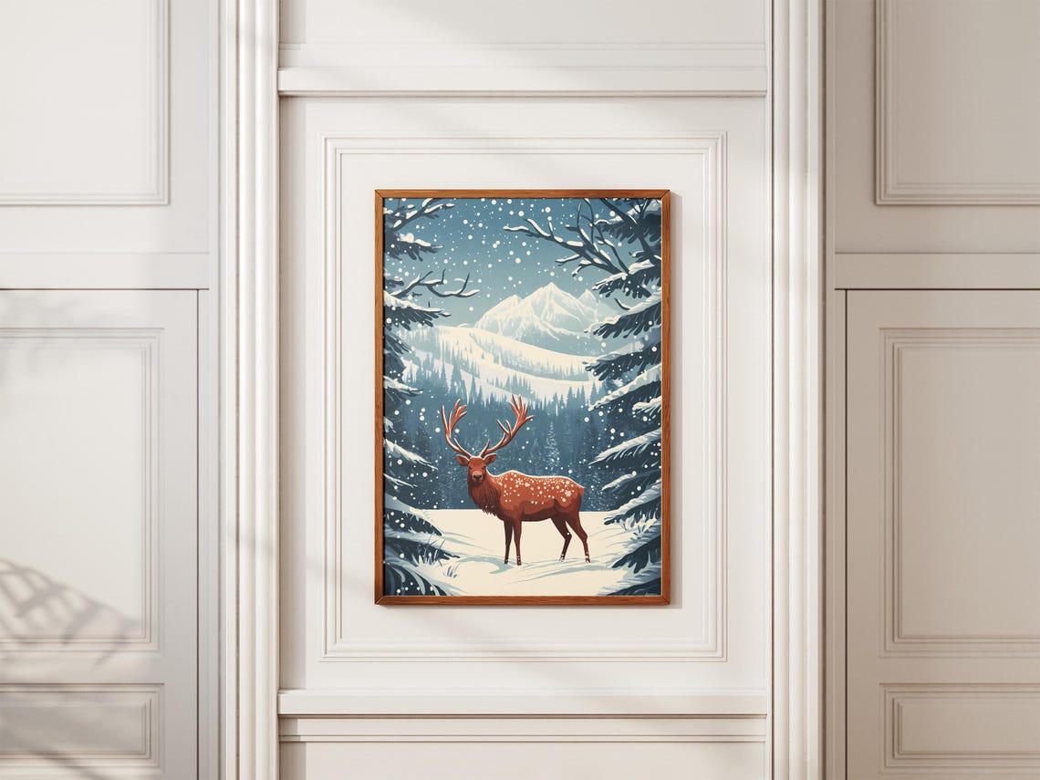 Spotted Stag With Antlers in a Snowy Blue Forest Winter Poster - Image 2