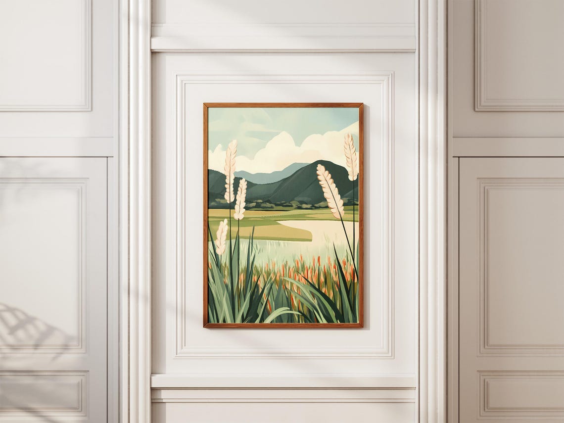 Feathery Meadow Grasses by a Pale Lake in Mountain Haze Poster - Image 2
