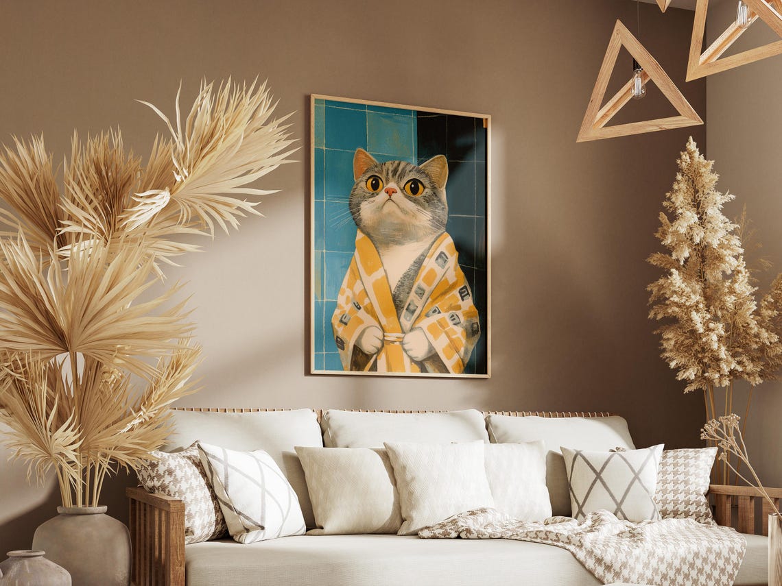 Round Faced Scottish Fold Cat in Yellow Patterned Robe Art Poster - Image 3