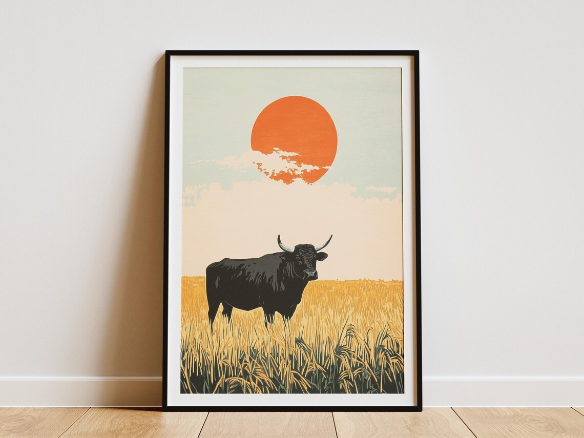 Black Bull in Golden Field at Sunrise Minimalist Asian Art Poster