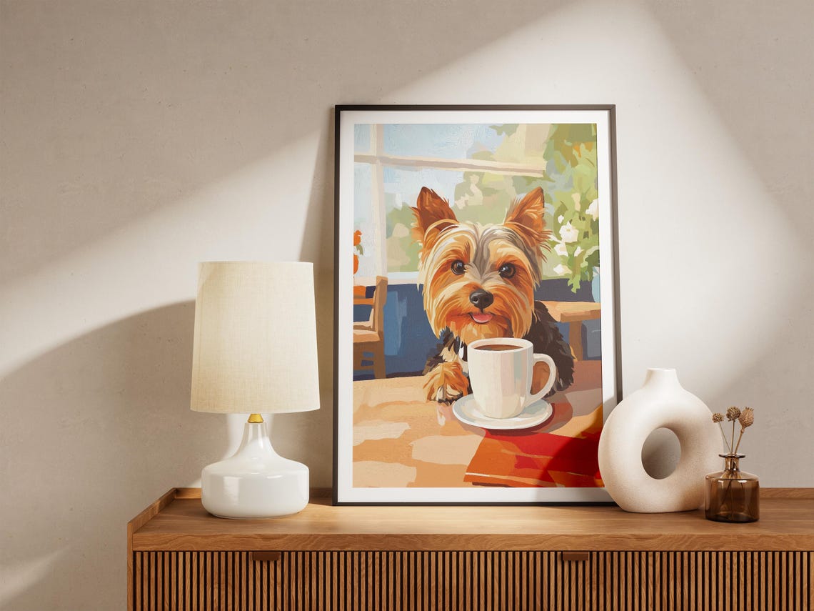 Yorkshire Terrier Puppy With Coffee Cup Cozy Cafe Art Poster - Image 4