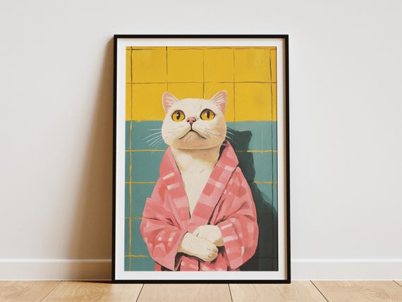 Scottish Fold Cat Bathrobe Poster Bathroom Wall Art Funny Print Cute Animal Lover Gift Home Decor