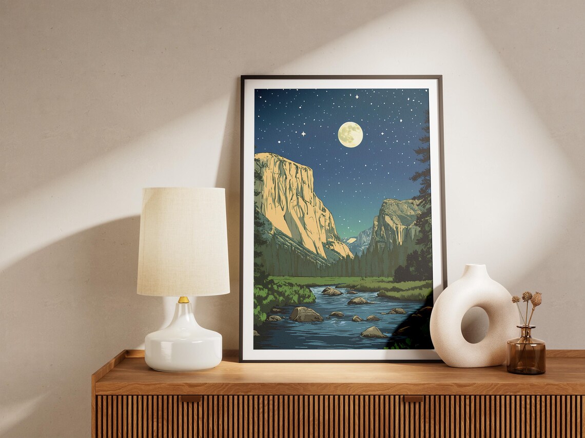 Yosemite National Park Moonlit El Capitan River Meadow Night Art Poster - Image 4