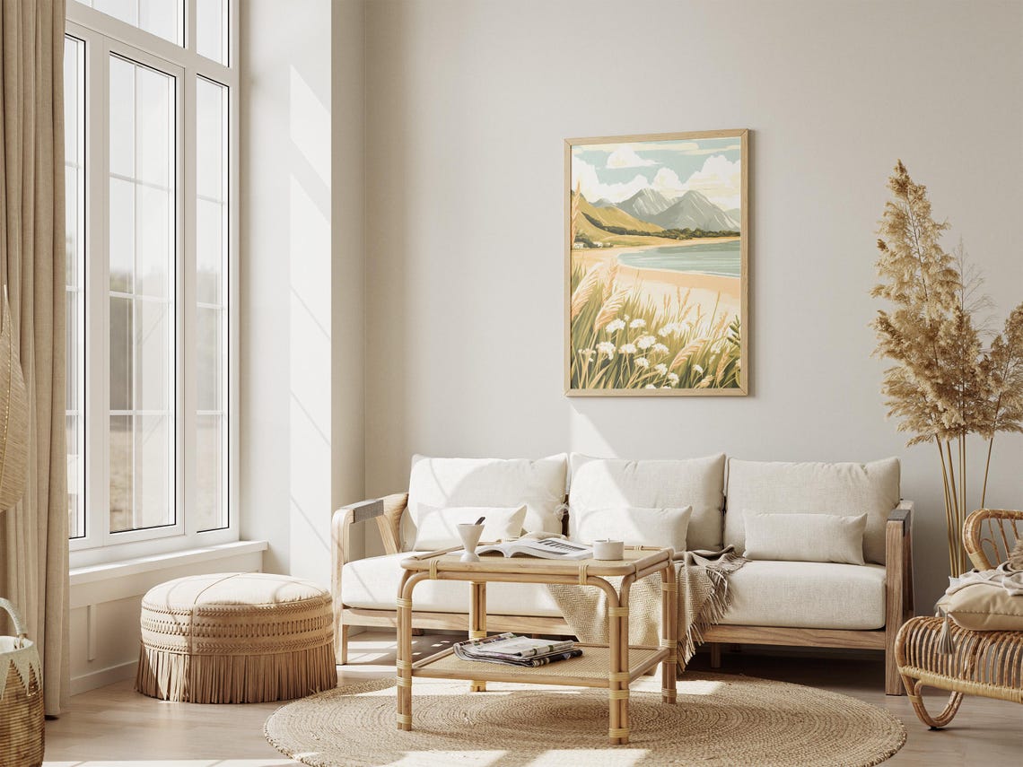 Windswept Coastal Dune Grasses Overlooking A Sunny Mountain Bay Poster - Image 4