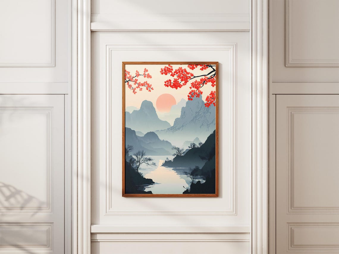 Shennongjia Mountains Misty Blue Peaks Red Sun Branch Poster - Image 2